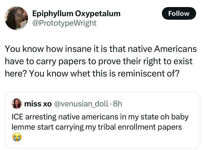 Screenshot of a relatable Black Twitter post discussing Native Americans needing papers to prove their right to exist.