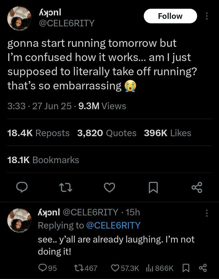 Funny and relatable Black Twitter post about confusion over running, with millions of views, likes, and reposts.