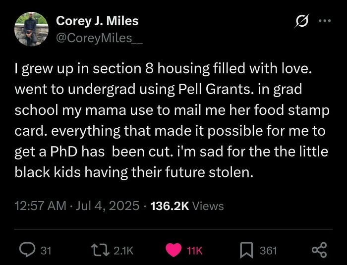 Tweet from Black Twitter user reflecting on challenges growing up in section 8 housing and impacts on education and future.