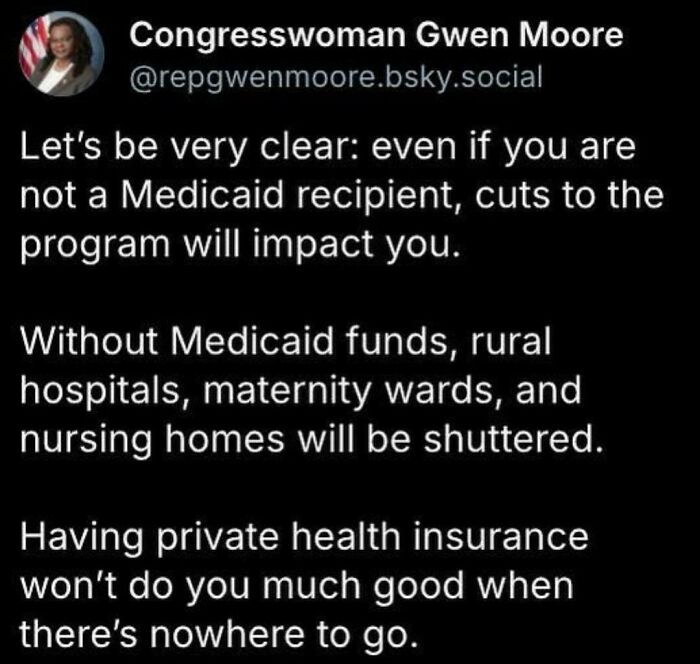 Screenshot of a Black Twitter post discussing Medicaid cuts impacting rural hospitals and health services.