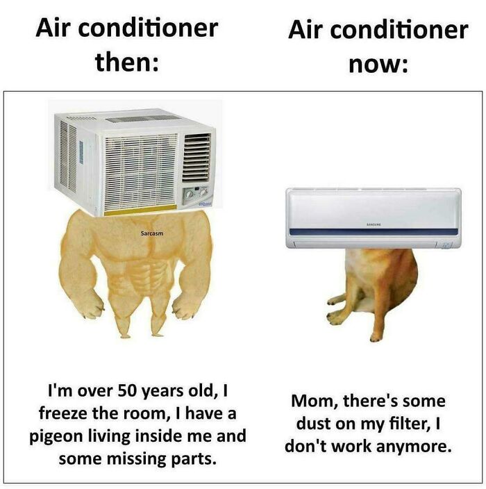 Comparison of old and new air conditioners with muscle and dog body, highlighting favorite internet moments better than news.