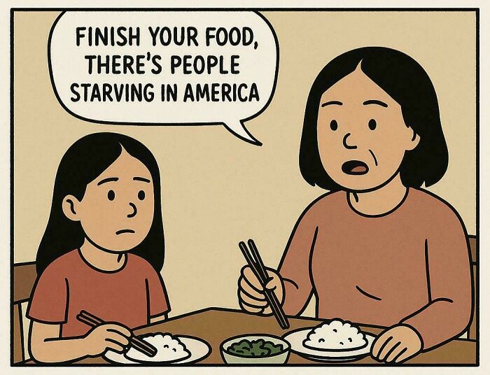Illustration of a mother telling her child to finish food, highlighting a moment from favorite internet moments better than the news.