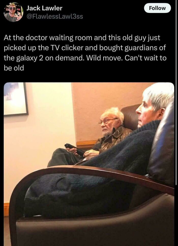 Elderly man in waiting room uses TV remote to order Guardians of the Galaxy 2, showcasing internet’s favorite wholesome moments.