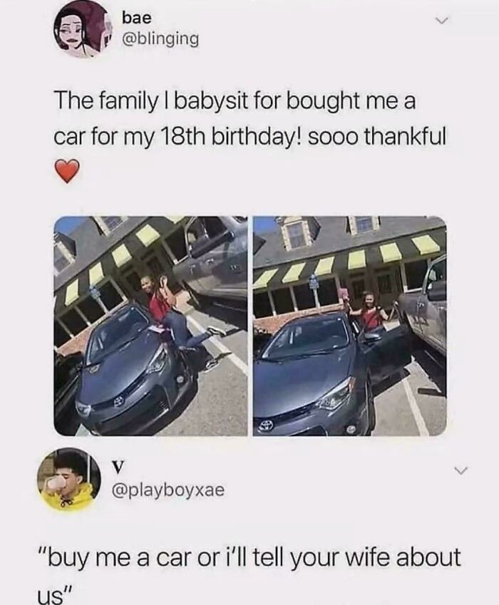 Screenshot of a social media post showing a girl happily receiving a car, a favorite internet moment better than the news.