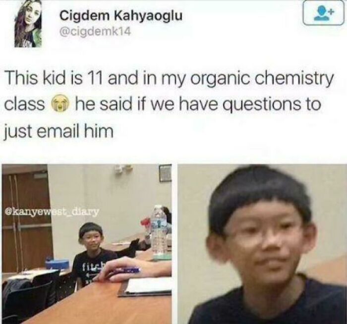 Young student in an organic chemistry class offering to answer questions by email, one of the internet’s favorite moments.