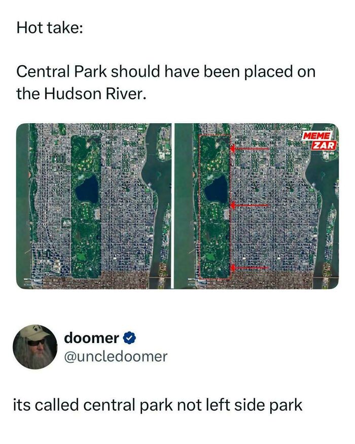 Satellite images comparing Central Park’s current location with a humorous suggestion to move it to the Hudson River side.