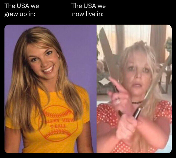 Comparison meme showing Britney Spears in her younger and current state, capturing internet favorite moments better than the news.