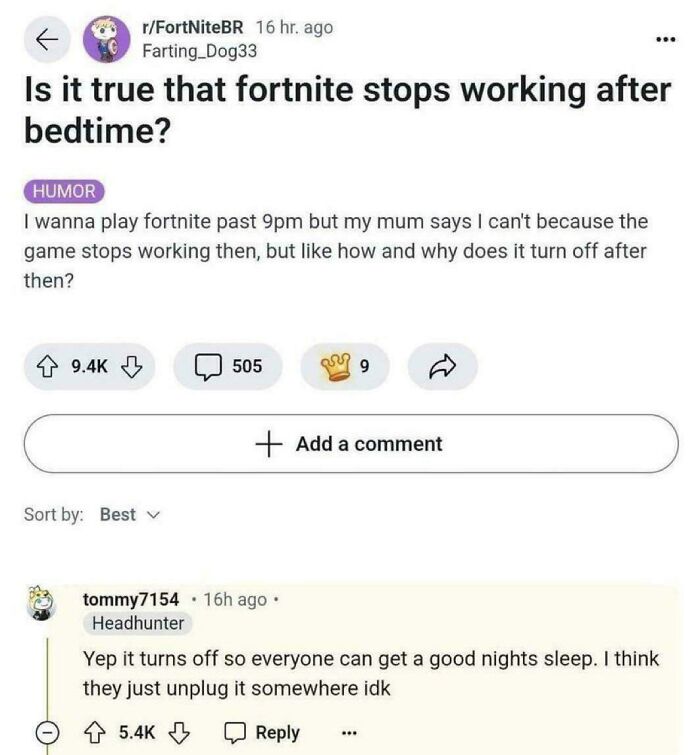 Reddit humor post about Fortnite stopping after bedtime, shared in a collection of favorite internet moments better than the news.