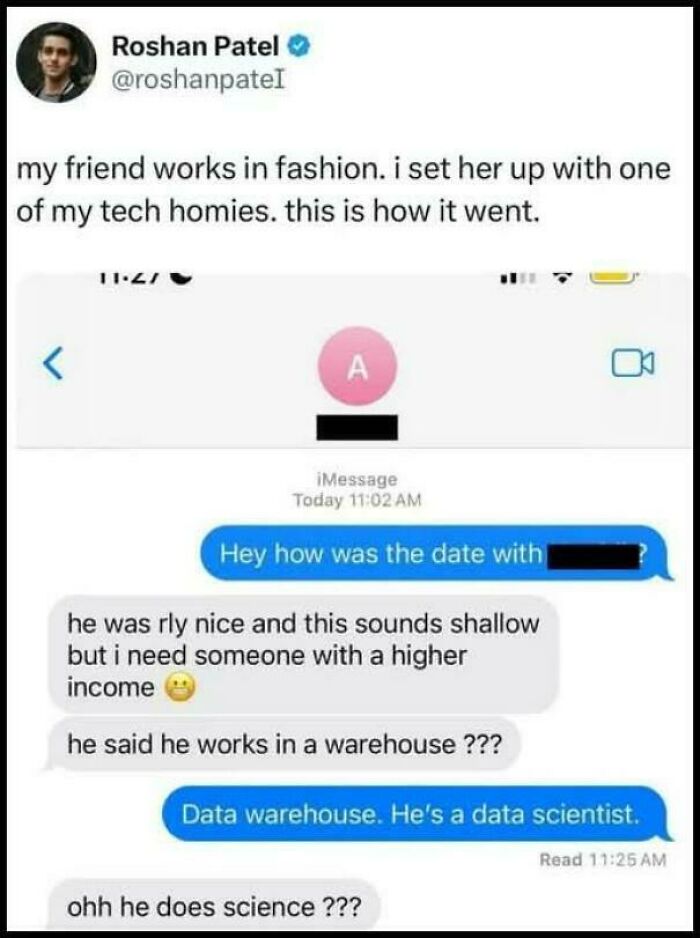 Text conversation about a date mix-up involving a data scientist mistaken for warehouse worker in popular internet moments.