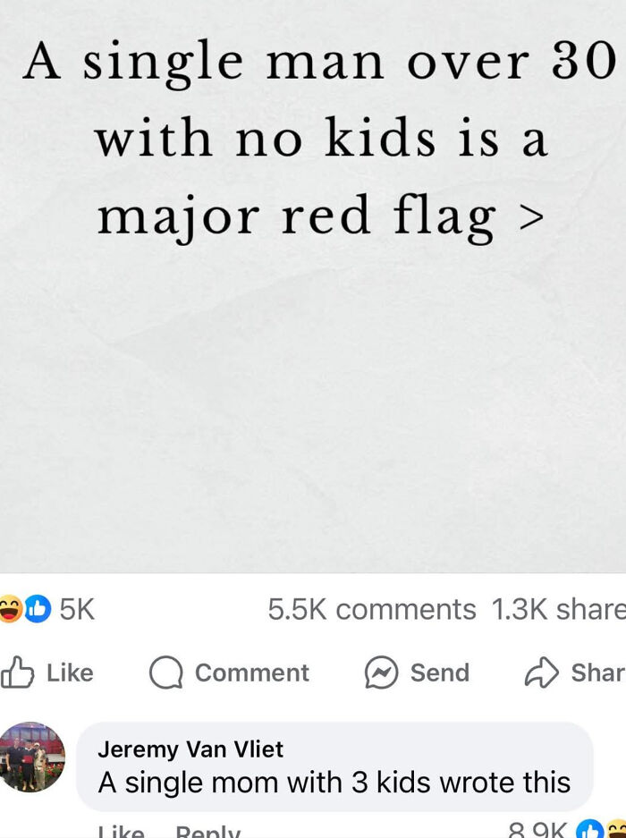 Text post about a single man over 30 with no kids as a red flag with social media reactions, capturing favorite internet moments.