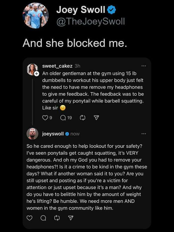 Screenshot of a social media exchange highlighting one of the internet’s most favorite moments promoting kindness and gym safety.