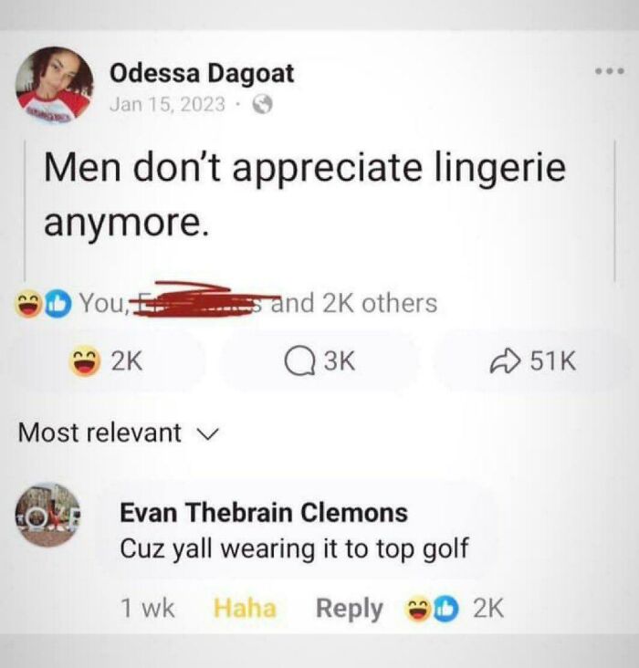 Social media post showing a humorous comment about lingerie appreciation among internet favorite moments.