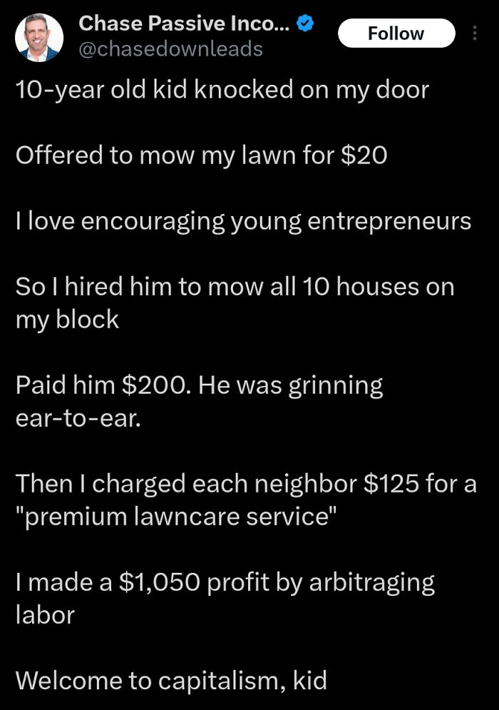 Tweet showing a young entrepreneur mowing lawns, illustrating popular internet moments better than the news.