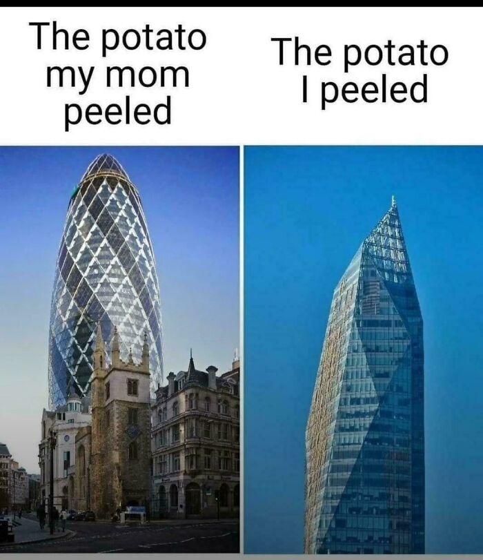 Comparison of two peeled potatoes depicted as modern glass skyscrapers, a favorite moment better than the news.