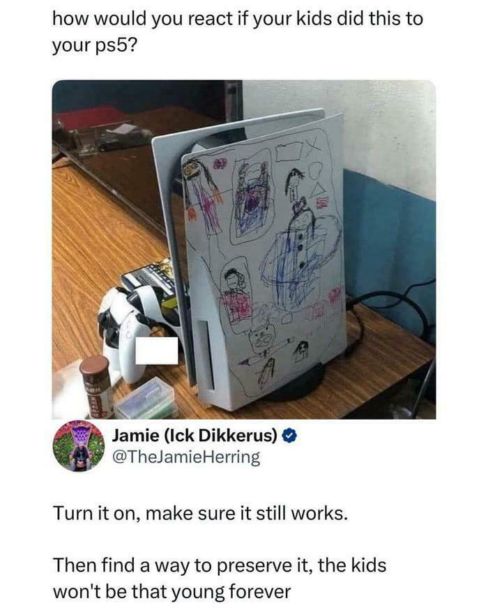 PS5 console covered in children's colorful drawings, showcasing one of the internet’s favorite moments better than the news