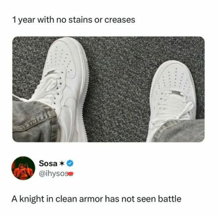White sneakers kept clean for one year on carpet, highlighting one of the internet’s favorite moments better than news.