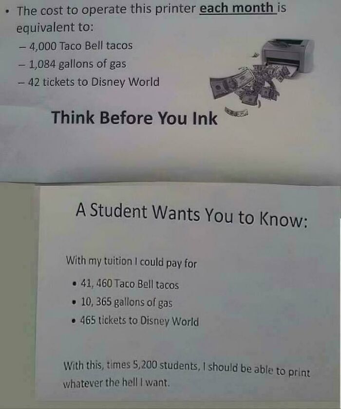 Cost comparison showing printer expenses versus student tuition with Taco Bell tacos and Disney World tickets.
