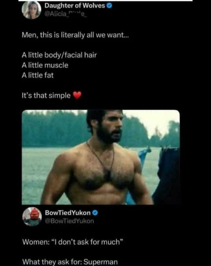 Twitter posts sharing humor about men's appearance preferences with a muscular, hairy man, highlighting popular internet moments better than news.