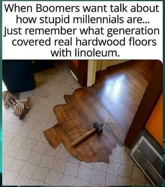 Humorous internet moment showing linoleum being removed to reveal hardwood floors, highlighting favorite nostalgic content online.