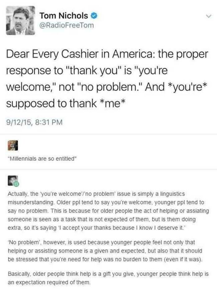 A Twitter post about entitlement, where a user corrects a professor's view on millennials' use of 'no problem.'