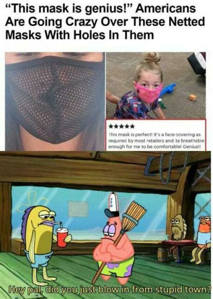 A meme mocking people's entitlement with a SpongeBob character asking, Did you just blow in from stupid town?