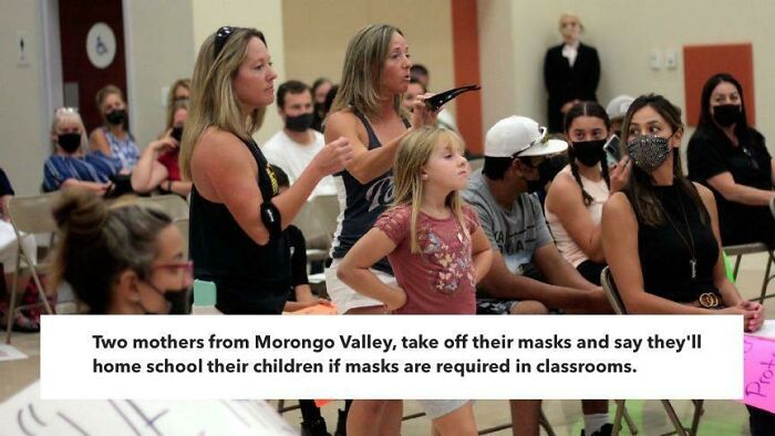 Two mothers removing masks and threatening to homeschool children over mask mandates, an example of entitlement and a Karen reputation.
