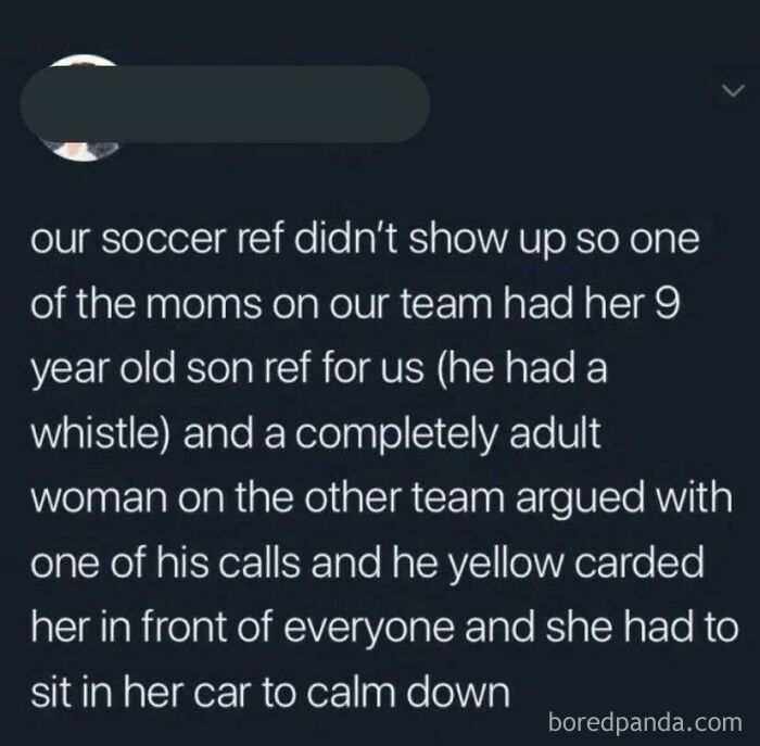 A tweet describes a woman arguing with a child referee and getting yellow-carded for her unbelievable entitlement.