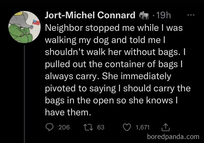 A social media post about a neighbor's entitlement and 'Karen' behavior regarding dog waste bags.