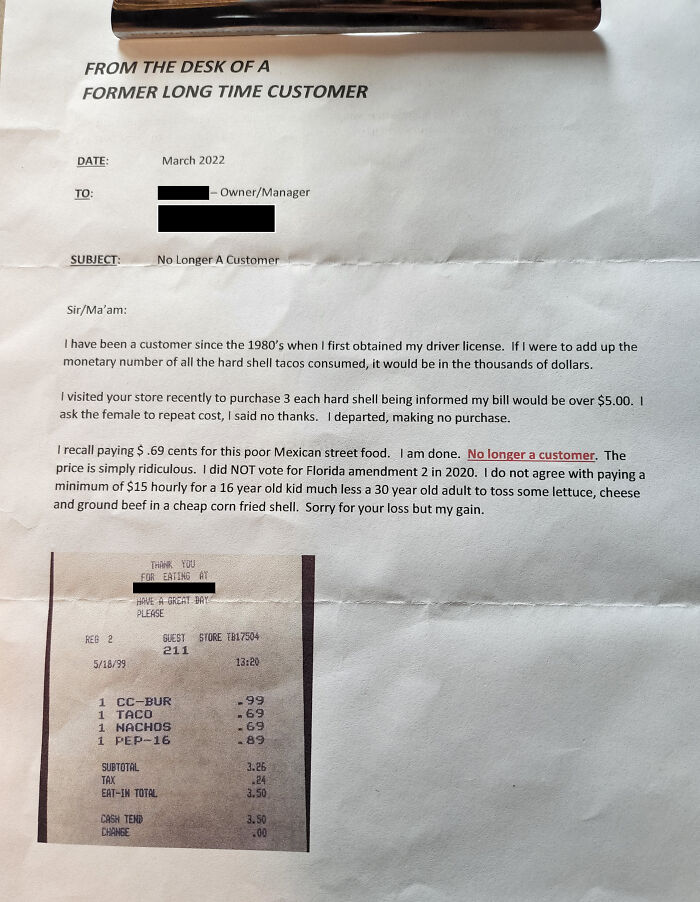A letter expressing entitlement from a former customer with a 'Karen' reputation.