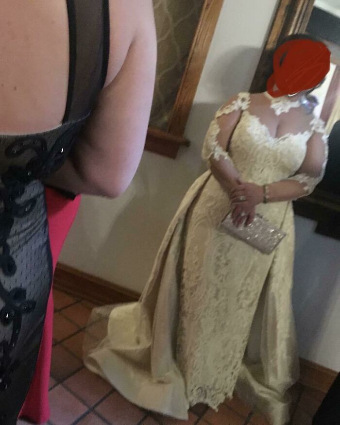 A woman in a gold lace dress shows entitlement, reflecting a 'Karen' reputation.