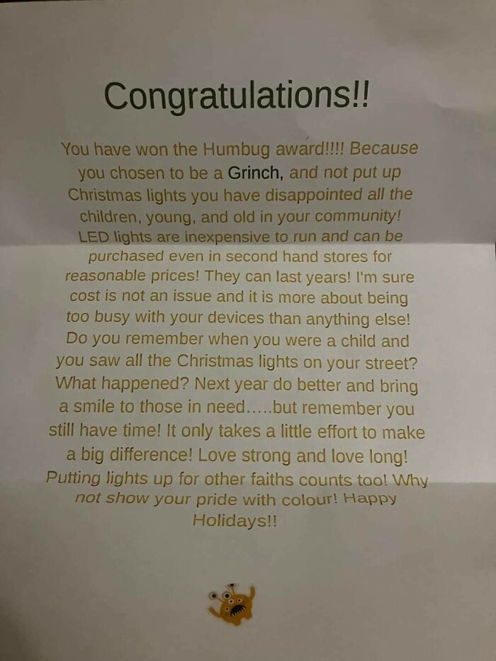 A letter expressing entitlement, calling someone a Grinch for not having Christmas lights, and earning a Karen reputation.