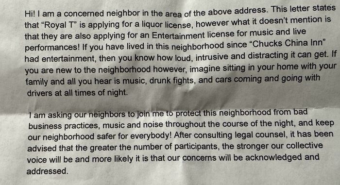 A letter from a concerned neighbor about a business applying for a liquor and entertainment license, highlighting entitlement.