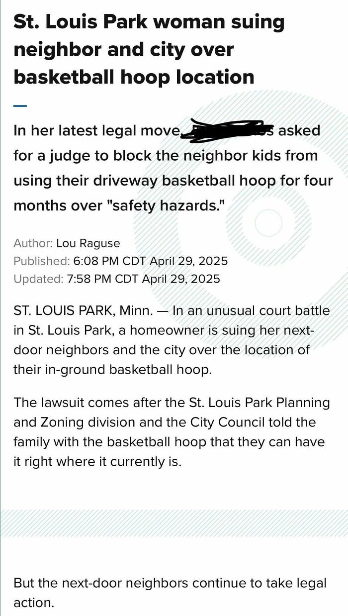 A news article detailing a St. Louis Park woman suing her neighbor and city over a basketball hoop, an example of entitlement.