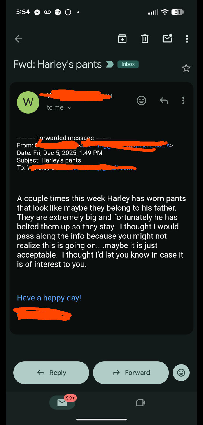 An email about a student's oversized pants, showcasing an example of entitlement in school communication.