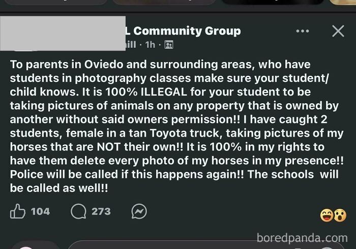 A social media post where someone displays unbelievable entitlement by complaining about students taking pictures of horses.