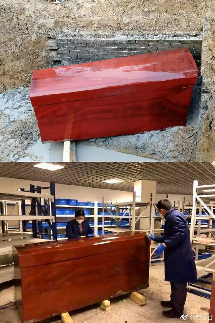 Glossy ancient wooden coffin unearthed and examined as a fascinating artefact giving perspective on humanity.