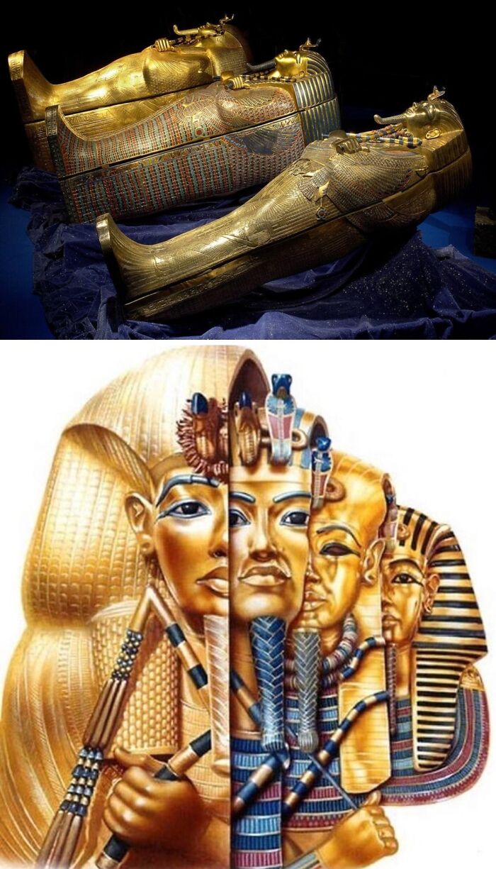 Ancient Egyptian golden sarcophagi and detailed artwork showing pharaoh artifacts representing world history and humanity perspective.