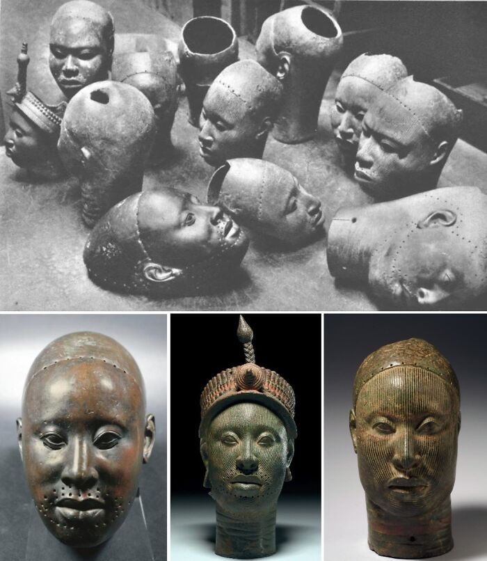 Collection of ancient bronze heads and artefacts showcasing craftsmanship that survived to give perspective on humanity and the world.