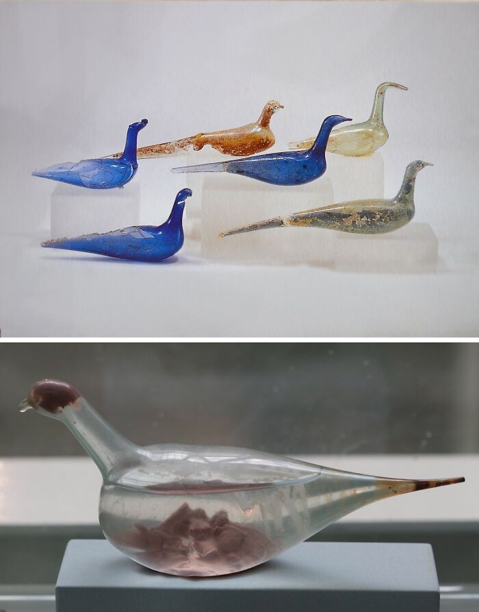 Ancient glass bird-shaped artefacts displayed on stands, showcasing fascinating artefacts that survived to this day.