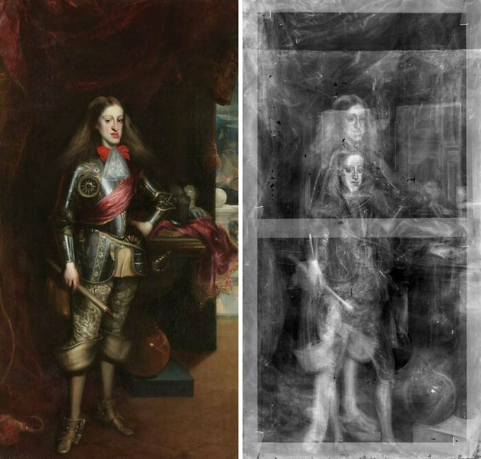 Side by side comparison of a historical portrait and its hidden underpainting revealed by X-ray, showcasing artefacts that survived.