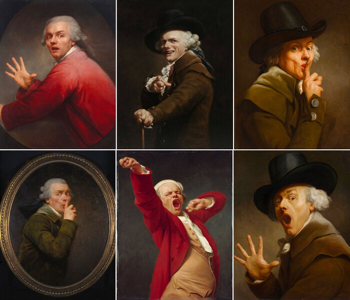 Collection of fascinating historic portraits showing expressive men, representing artefacts that survived to give perspective on humanity.