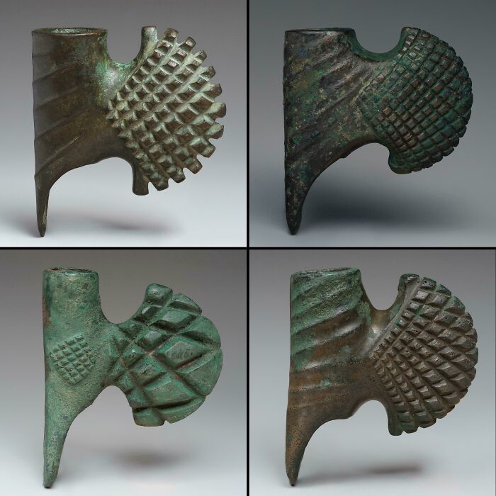 Ancient bronze artefacts with intricate geometric patterns showcasing historical craftsmanship and cultural significance.