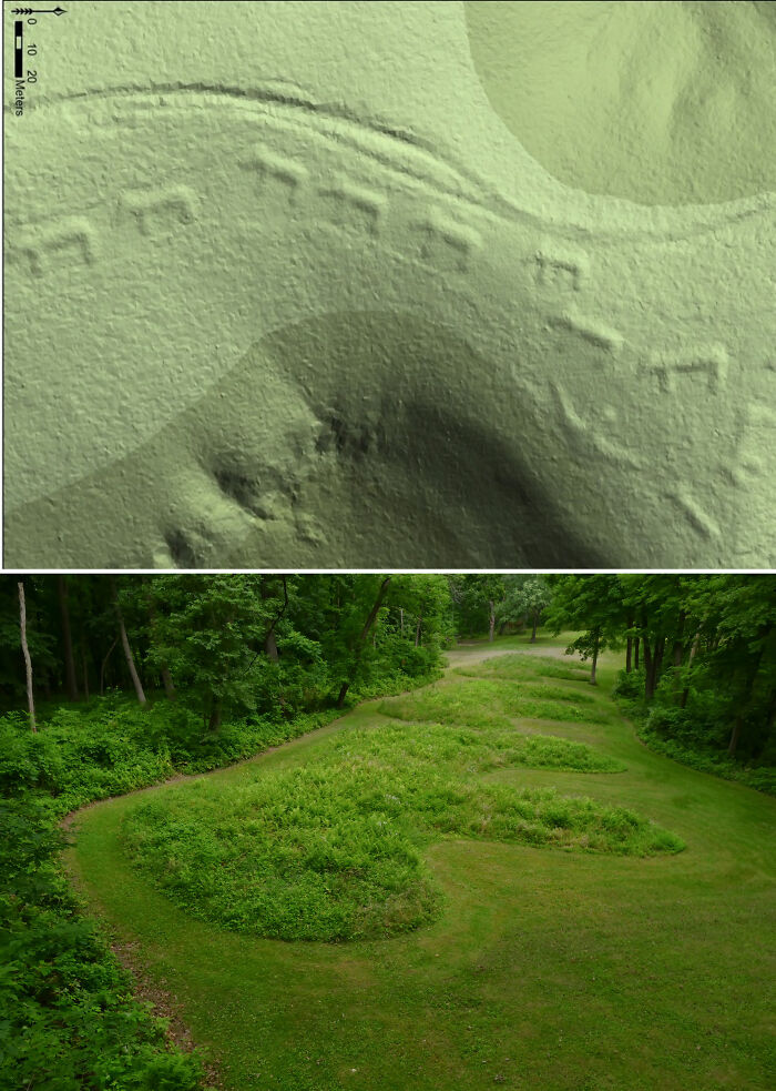 Aerial and ground views of an ancient earthwork artefact preserved in a forested area showing its shape and scale.