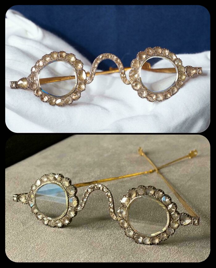 Antique eyeglasses adorned with gemstones, a rare artefact showcasing craftsmanship and history surviving to this day.