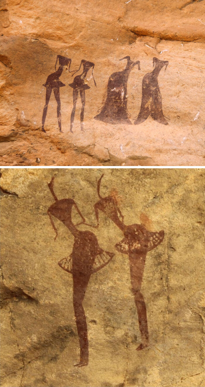 Ancient rock art depicting human-like figures, one pair dancing, showcasing fascinating artefacts that survived to this day.