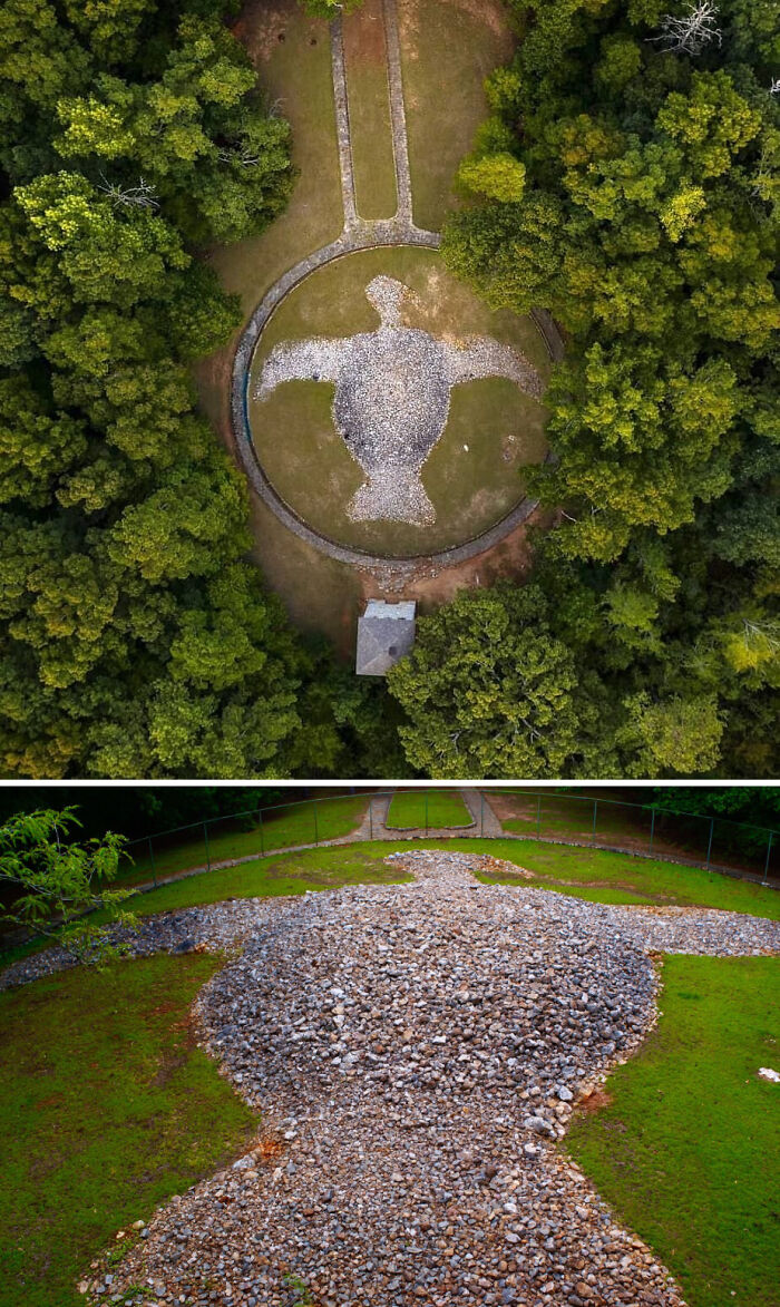 Aerial and close-up views of a large stone turtle artefact surrounded by trees and grass, showing historical significance.