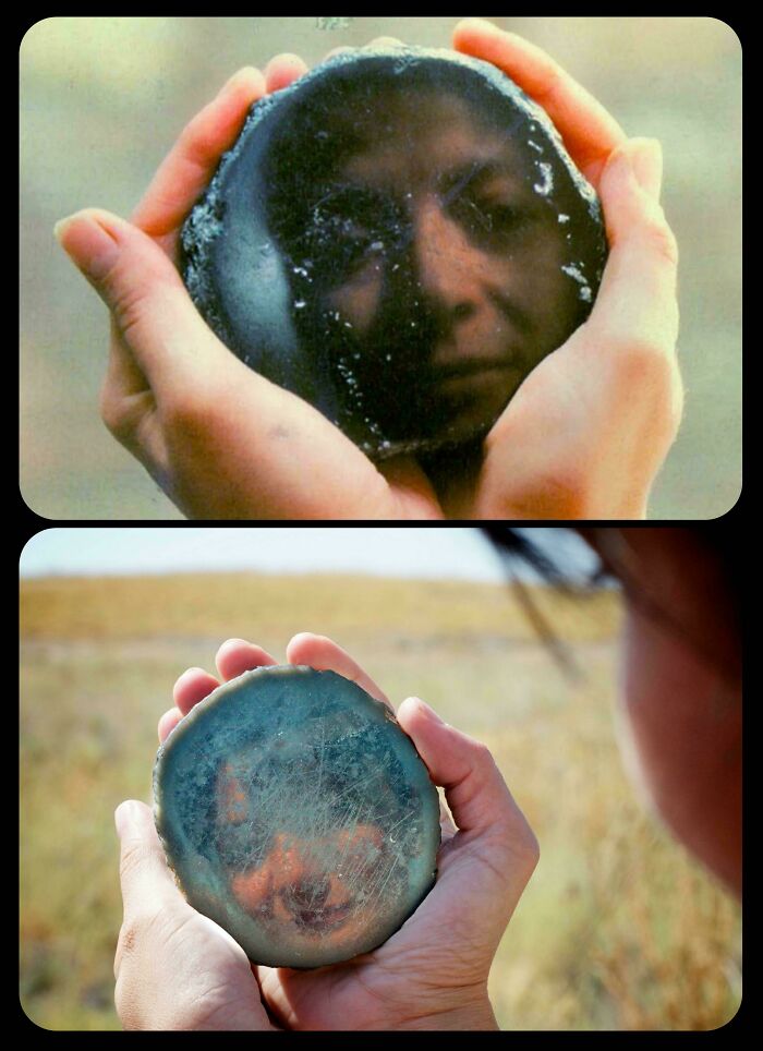 Hands holding ancient reflective artefacts showing faint human reflections, illustrating fascinating artefacts that survived to this day.