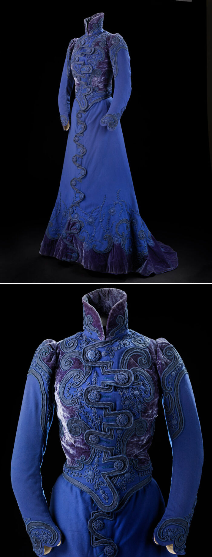 Victorian blue embroidered dress artefact with intricate velvet details, showcasing historical craftsmanship and design.