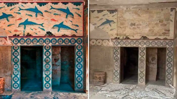 Ancient artefacts showing preserved wall paintings of dolphins and intricate decorative patterns around doorways.