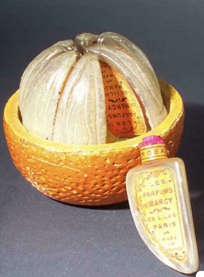 Vintage perfume bottle shaped like a peeled orange, one of the fascinating artefacts that survived to this day.